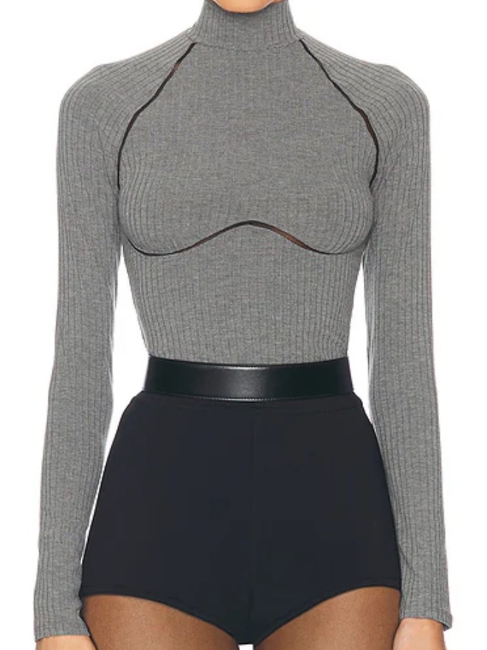Fleur du Mal Charcoal Ribbed Mock Neck Long-Sleeve Bodysuit